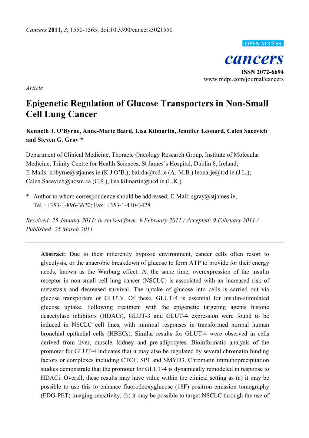 Epigenetic Regulation of Glucose Transporters in Non-Small Cell Lung Cancer