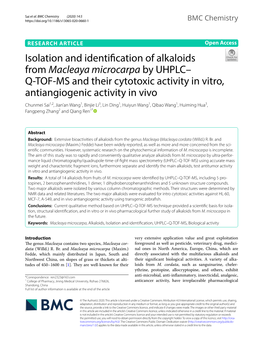 Isolation and Identification of Alkaloids from Macleaya Microcarpa by UHPLC–Q-TOF-MS and Their Cytotoxic Activity in Vitro, An