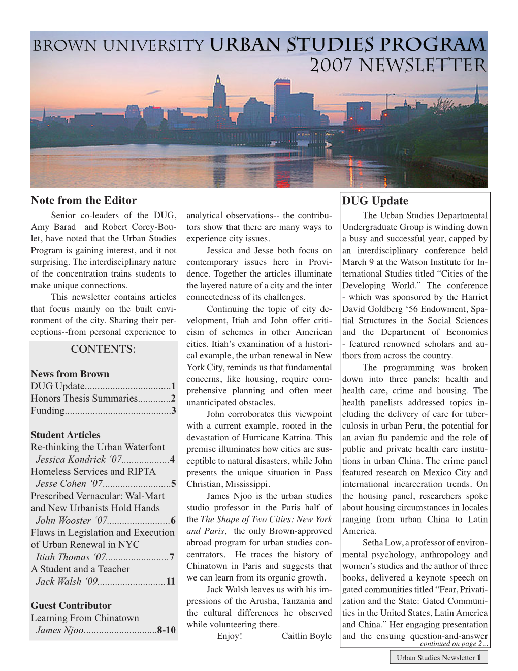 Brown University Urban Studies Program 2007 Newsletter