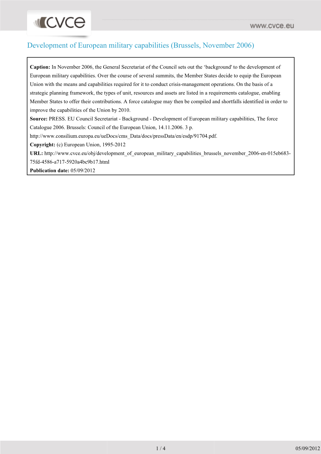 Development of European Military Capabilities (Brussels, November 2006)