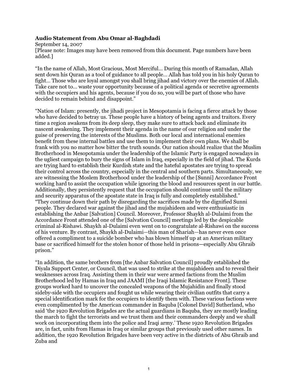 Audio Statement from Abu Omar Al-Baghdadi September 14, 2007 [Please Note: Images May Have Been Removed from This Document