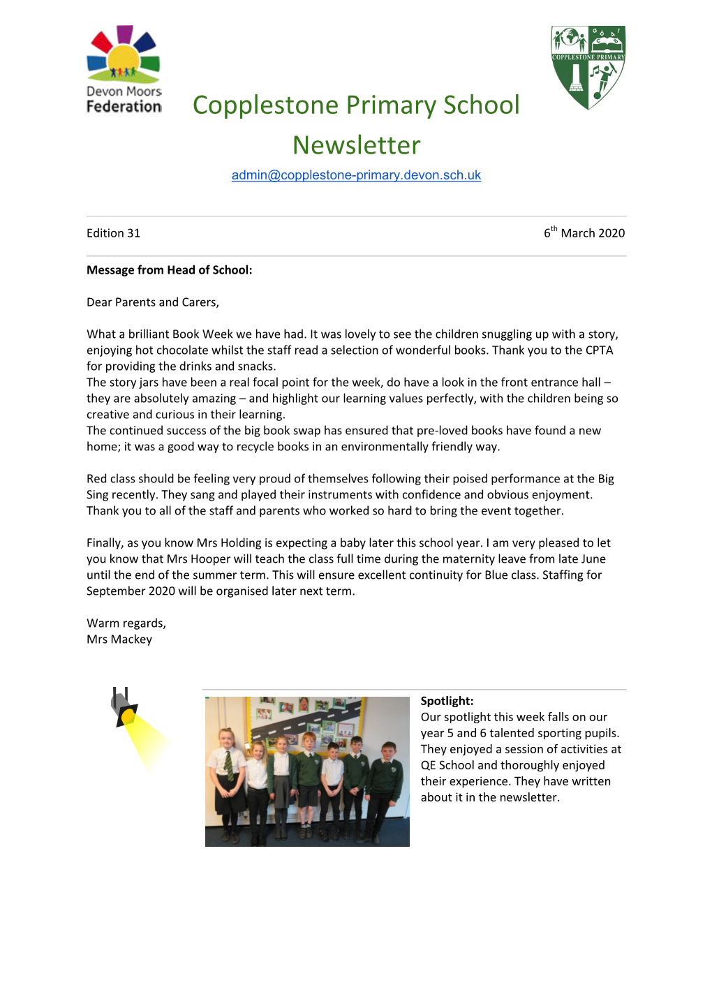 Copplestone Primary School Newsletter Admin@Copplestone-Primary.Devon.Sch.Uk