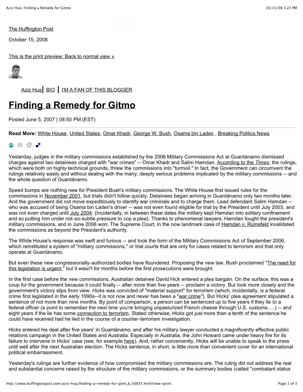 Aziz Huq: Finding a Remedy for Gitmo 10/15/08 3:22 PM
