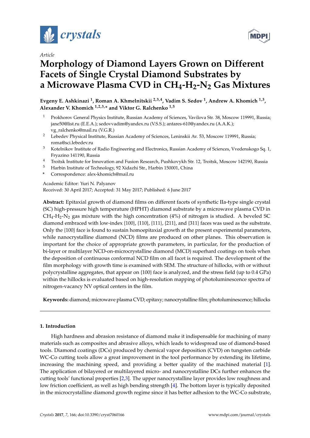 Morphology of Diamond Layers Grown on Different Facets of Single Crystal Diamond Substrates by a Microwave Plasma CVD in CH4-H2-N2 Gas Mixtures