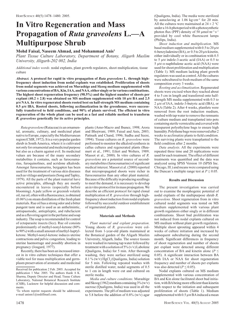 In Vitro Regeneration and Mass Propagation of Ruta Graveolens L