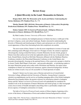 Review Essay a Quiet Diversity in the Land: Mennonites in Ontario