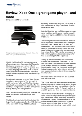 Review: Xbox One a Great Game Player—And More 20 November 2013, by Lou Kesten