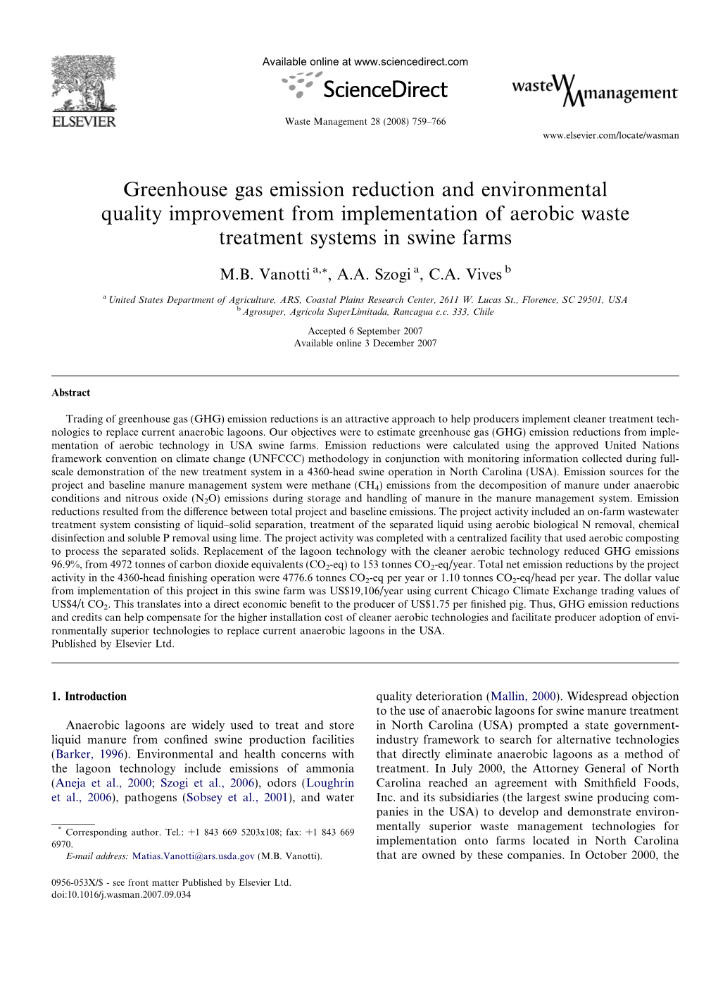 Greenhouse Gas Emission Reduction and Environmental Quality Improvement from Implementation of Aerobic Waste Treatment Systems in Swine Farms