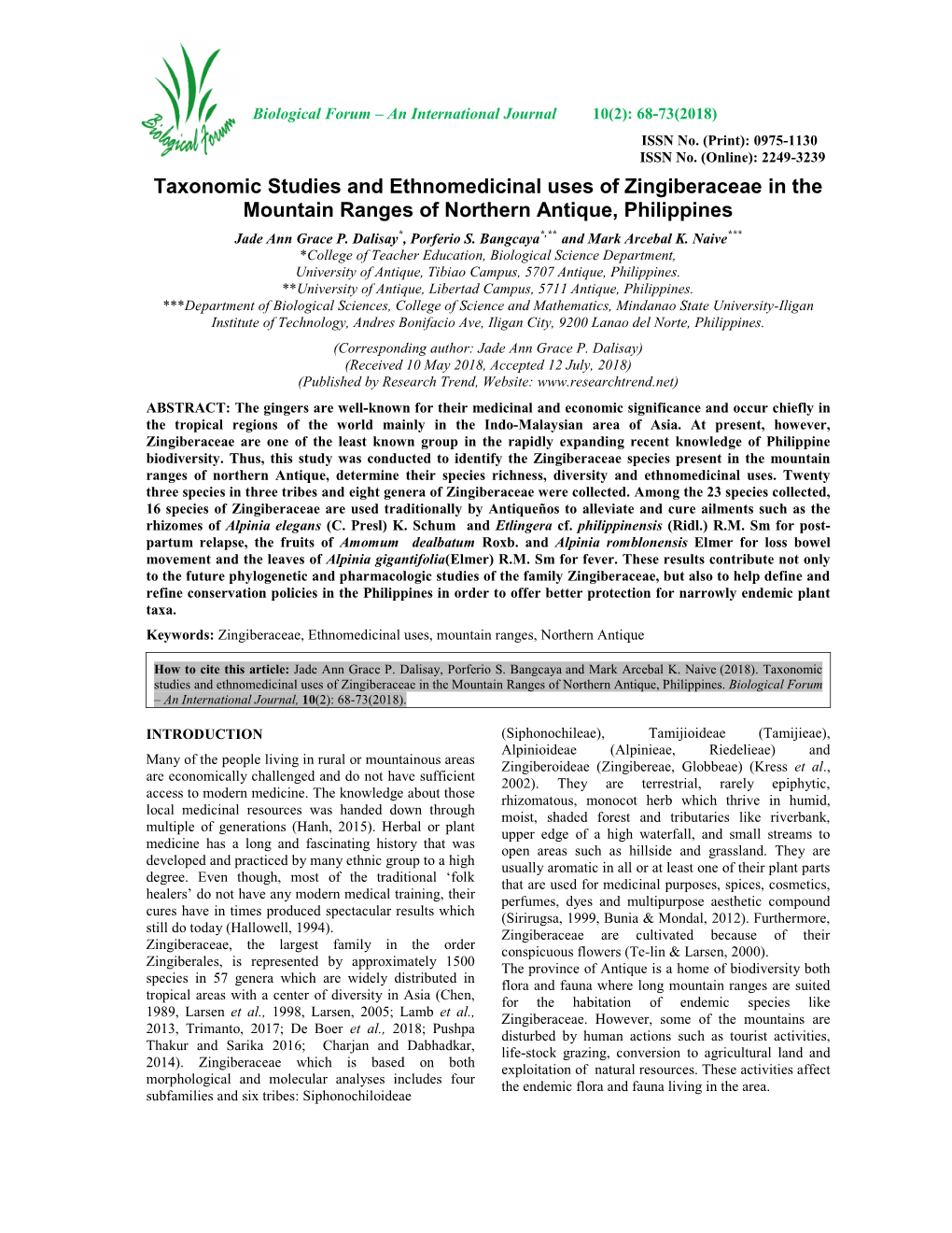 Taxonomic Studies and Ethnomedicinal Uses of Zingiberaceae in the Mountain Ranges of Northern Antique, Philippines Jade Ann Grace P