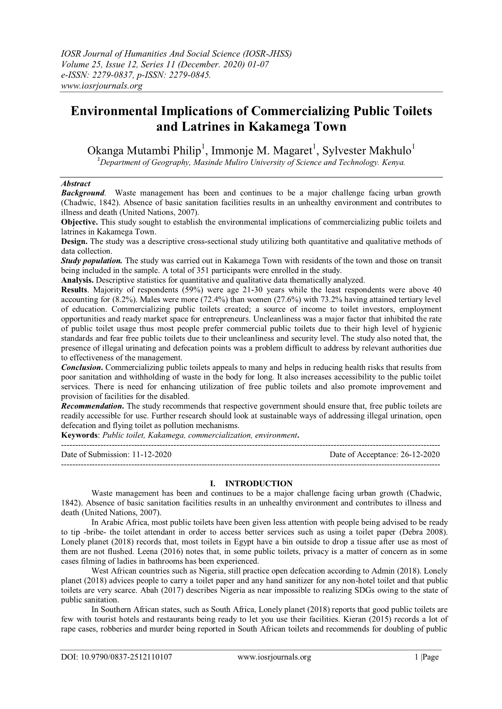 Environmental Implications of Commercializing Public Toilets and Latrines in Kakamega Town