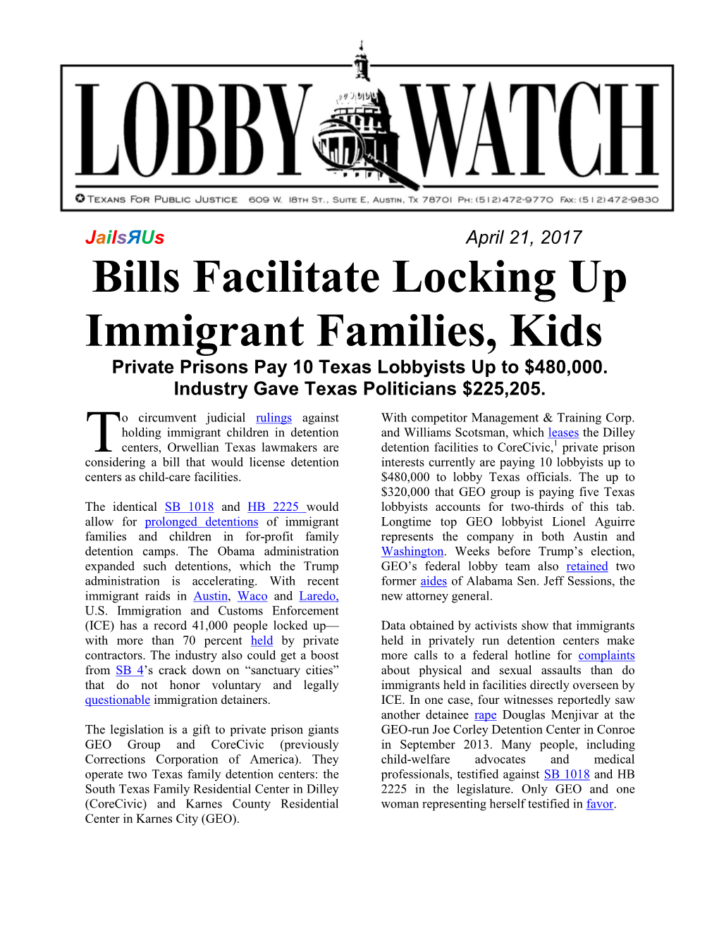 Bills Facilitate Locking up Immigrant Families, Kids Private Prisons Pay 10 Texas Lobbyists up to $480,000