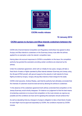 CICRA Media Release 10 January 2014 CICRA Agrees to Aurigny And