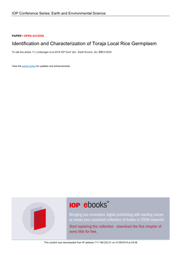 Identification and Characterization of Toraja Local Rice Germplasm