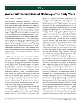 Women Mathematicians at Berkeley—The Early Years