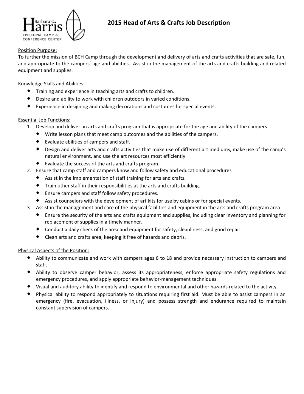 2015 Head of Arts & Crafts Job Description