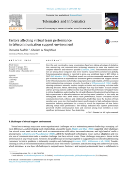 Factors Affecting Virtual Team Performance in Telecommunication Support Environment ⇑ Oussama Saafein , Gholam A