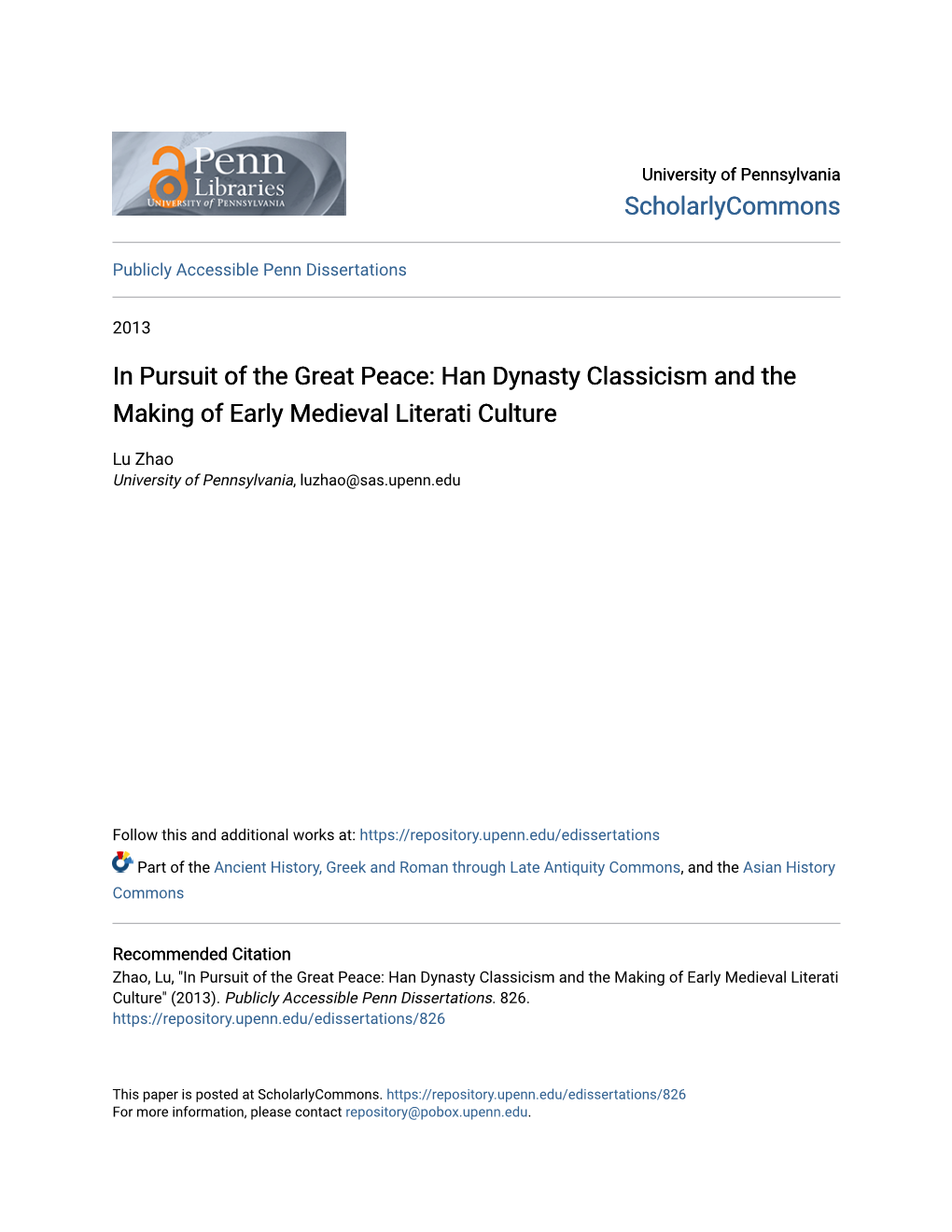 Han Dynasty Classicism and the Making of Early Medieval Literati Culture