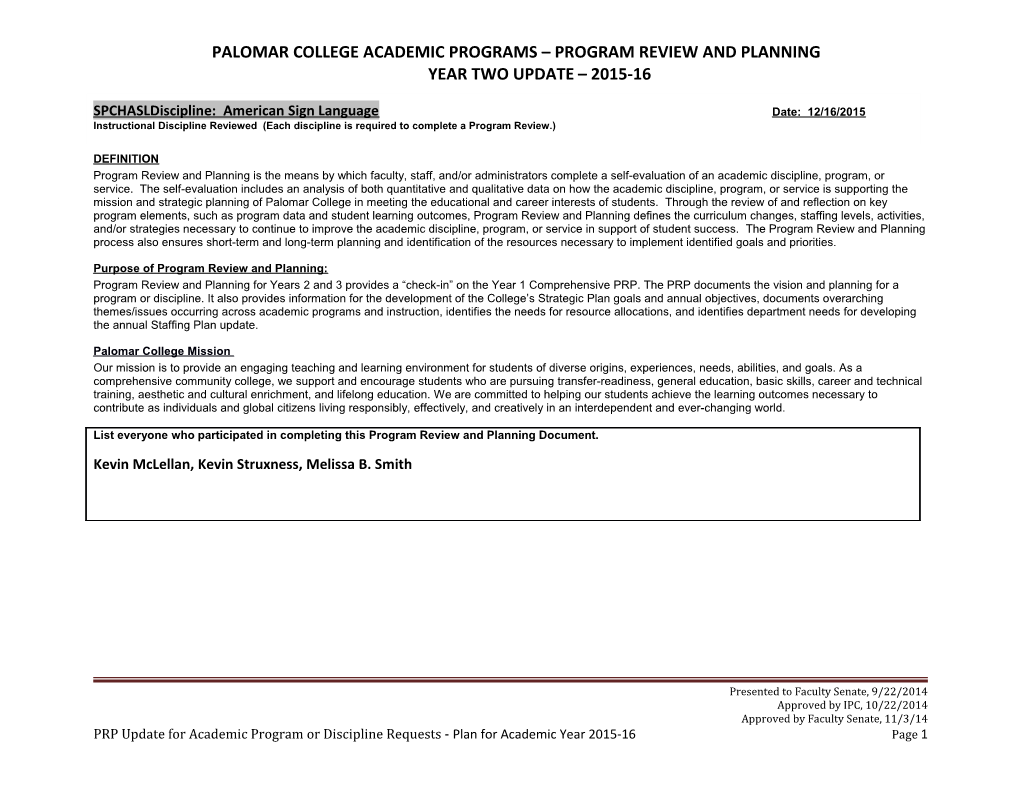 Palomar College Academic Programs Program Review and Planning Year Two Update 2015-16