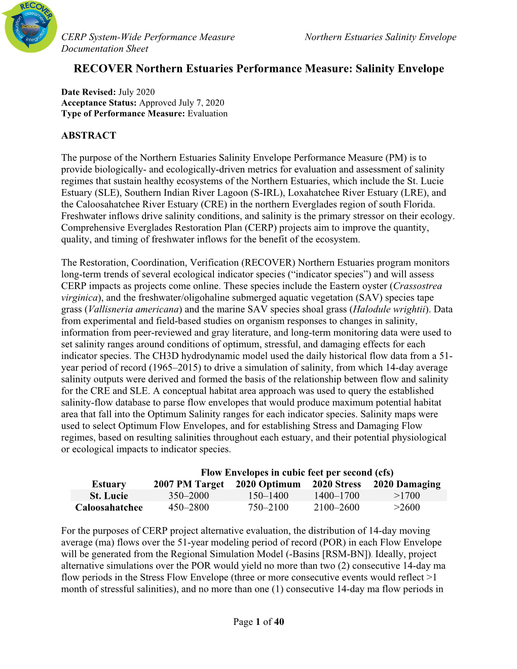 RECOVER Northern Estuaries Performance Measure Salinity