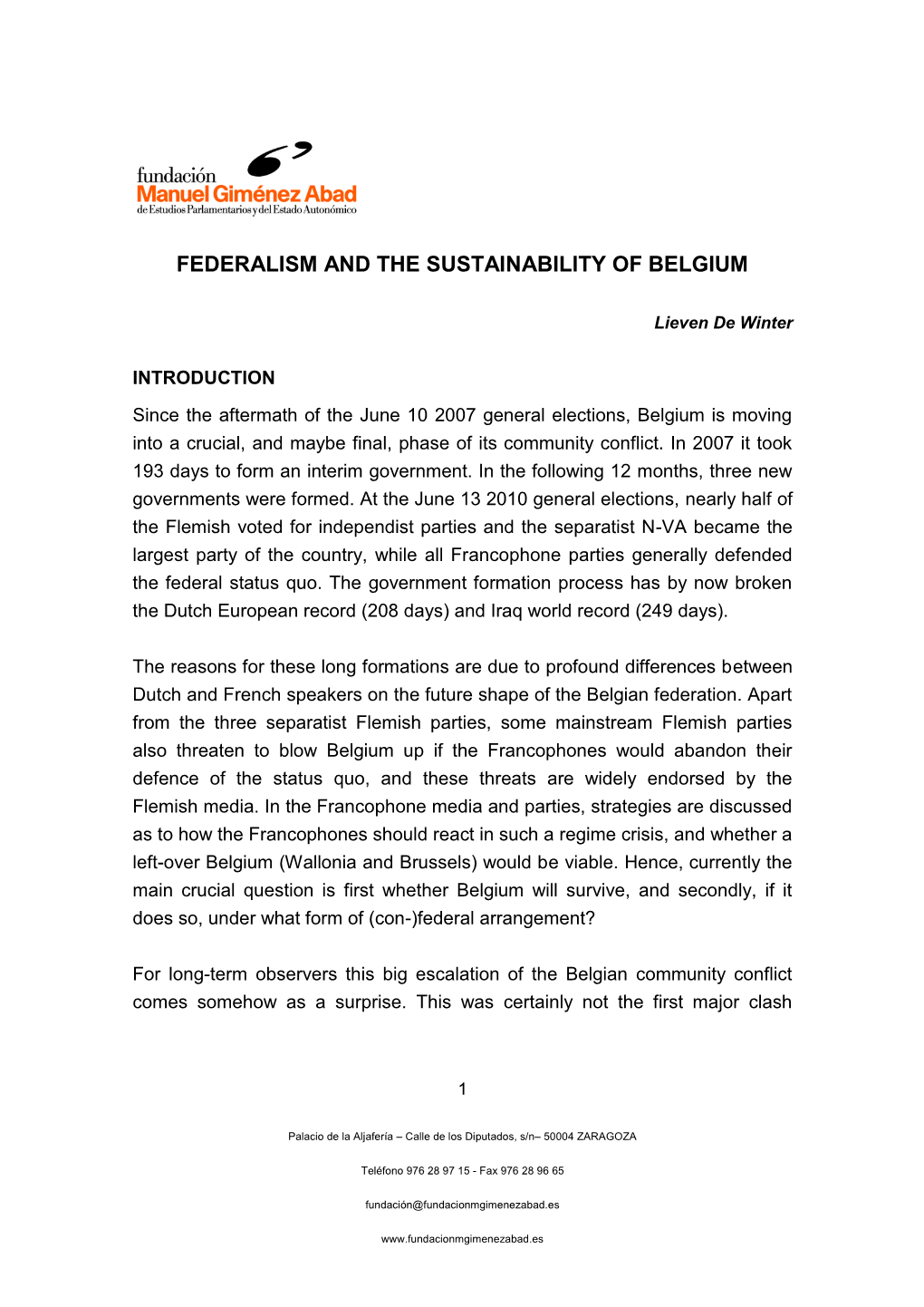 Federalism and the Sustainability of Belgium