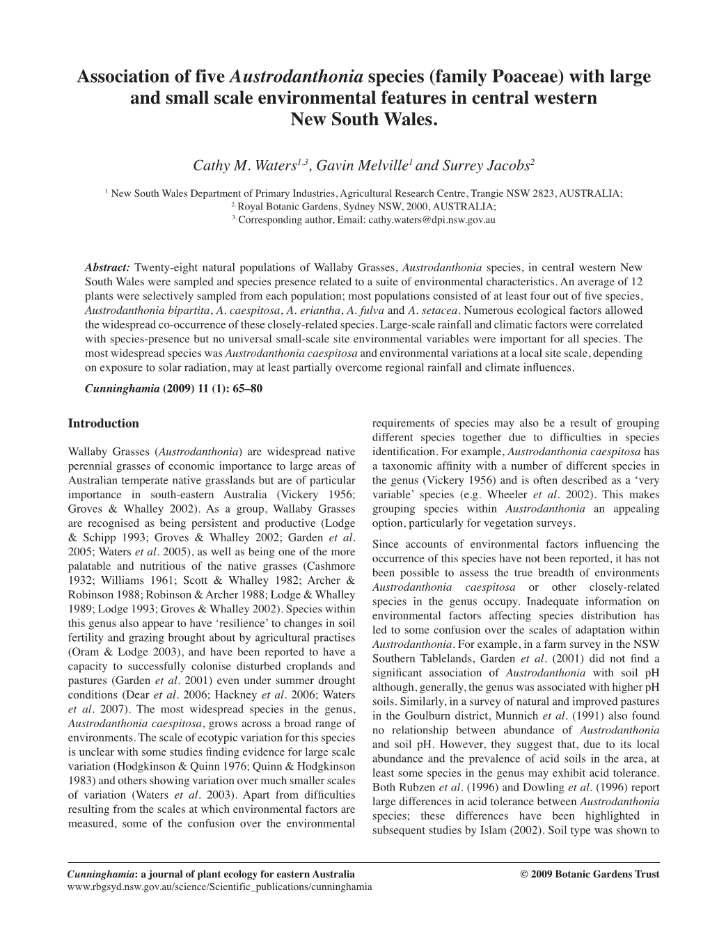 Association of Five Austrodanthonia Species (Family Poaceae) with Large and Small Scale Environmental Features in Central Western New South Wales