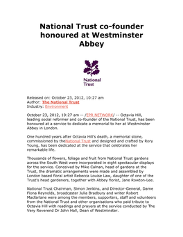 National Trust Co-Founder Honoured at Westminster Abbey