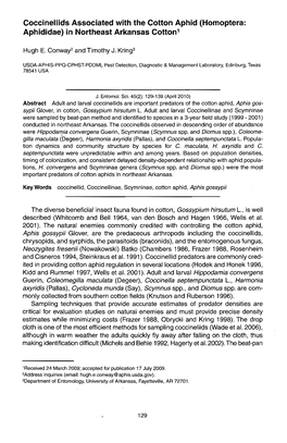 Coccinellids Associated with the Cotton Aphid (Homoptera: Aphididae) in Northeast Arkansas Cotton'