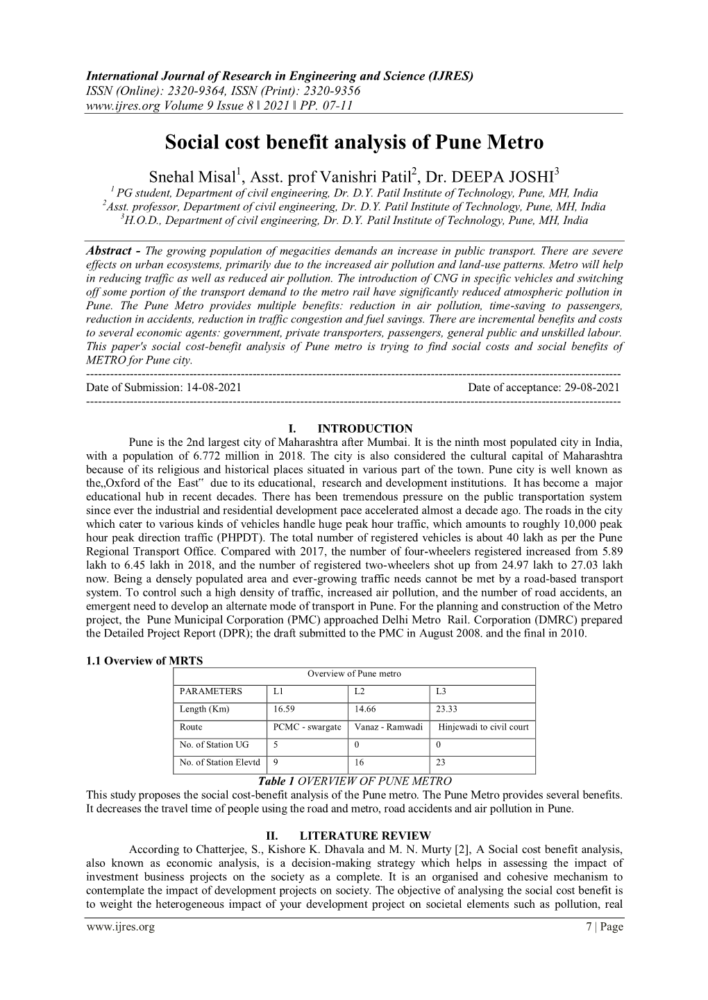 Social Cost Benefit Analysis of Pune Metro