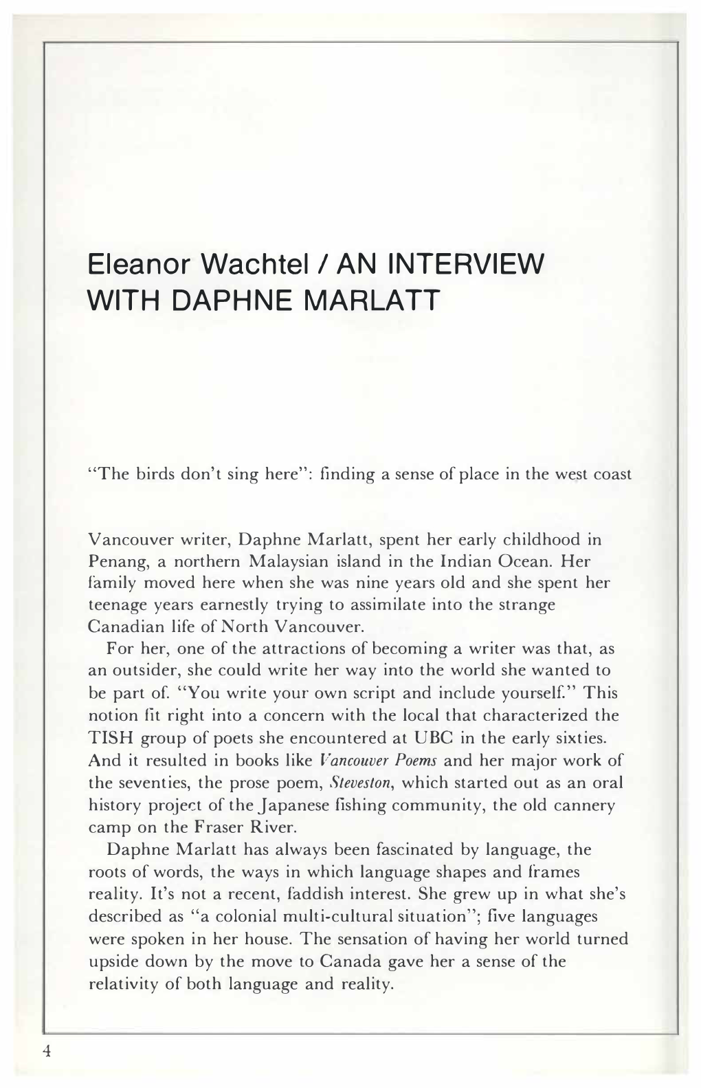 Eleanor Wachtel/ an INTERVIEW with DAPHNE MARLATT