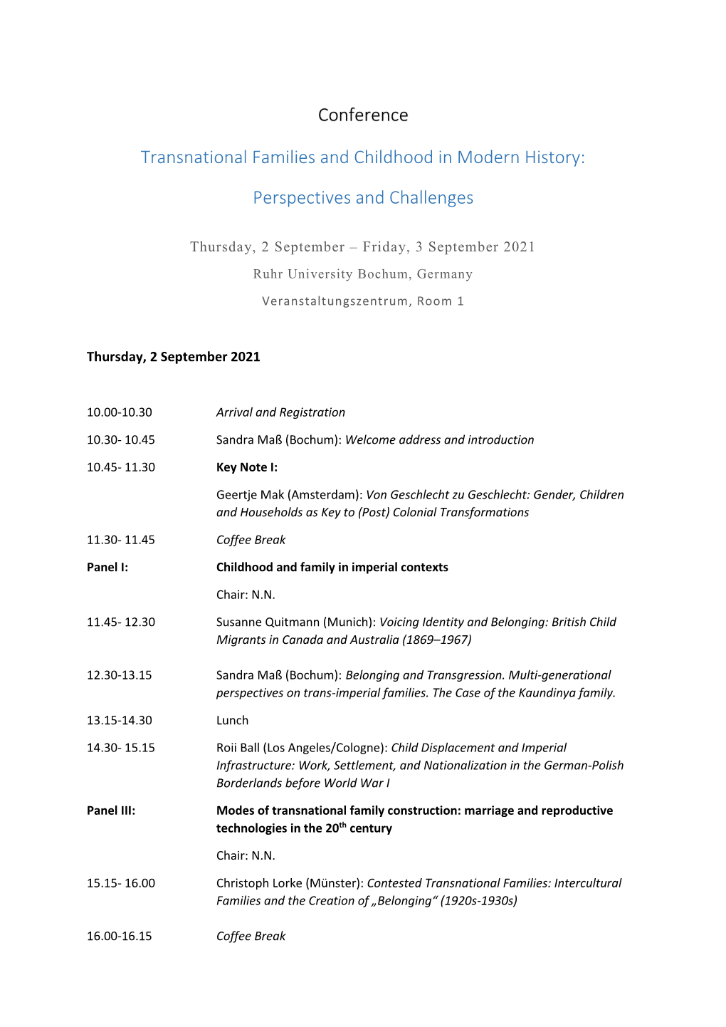 Conference Transnational Families and Childhood in Modern History