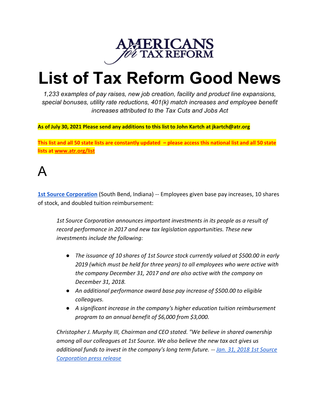 List of Tax Reform Good News