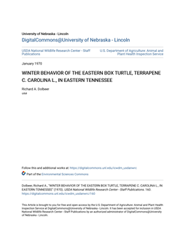 Winter Behavior of the Eastern Box Turtle, Terrapene C. Carolina L., in Eastern Tennessee