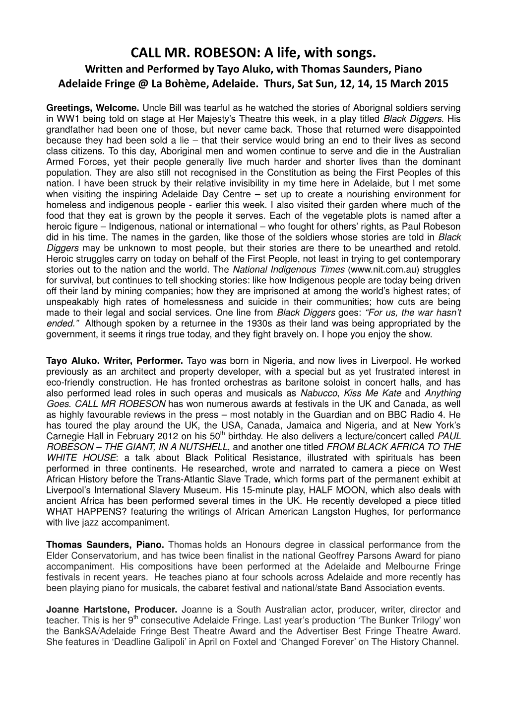 CALL MR. ROBESON: a Life, with Songs. Written and Performed by Tayo Aluko, with Thomas Saunders, Piano Adelaide Fringe @ La Bohème, Adelaide