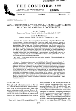 Vocal Repertoire of the Long-Tailed Manakin and Its Relation to Male-Male Cooperation’