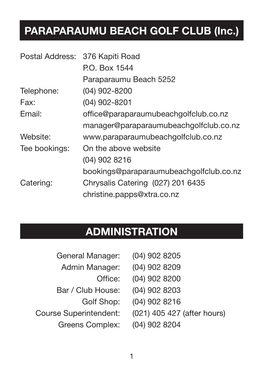 PARAPARAUMU BEACH GOLF CLUB (Inc.) ADMINISTRATION