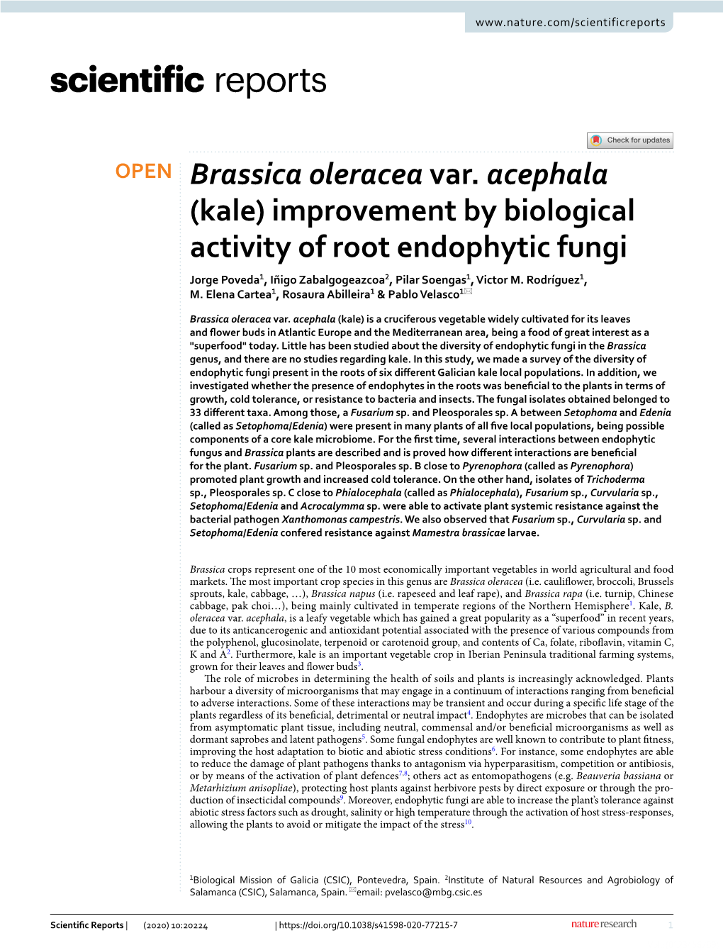 Brassica Oleracea Var. Acephala (Kale) Improvement by Biological Activity of Root Endophytic Fungi Jorge Poveda1, Iñigo Zabalgogeazcoa2, Pilar Soengas1, Victor M