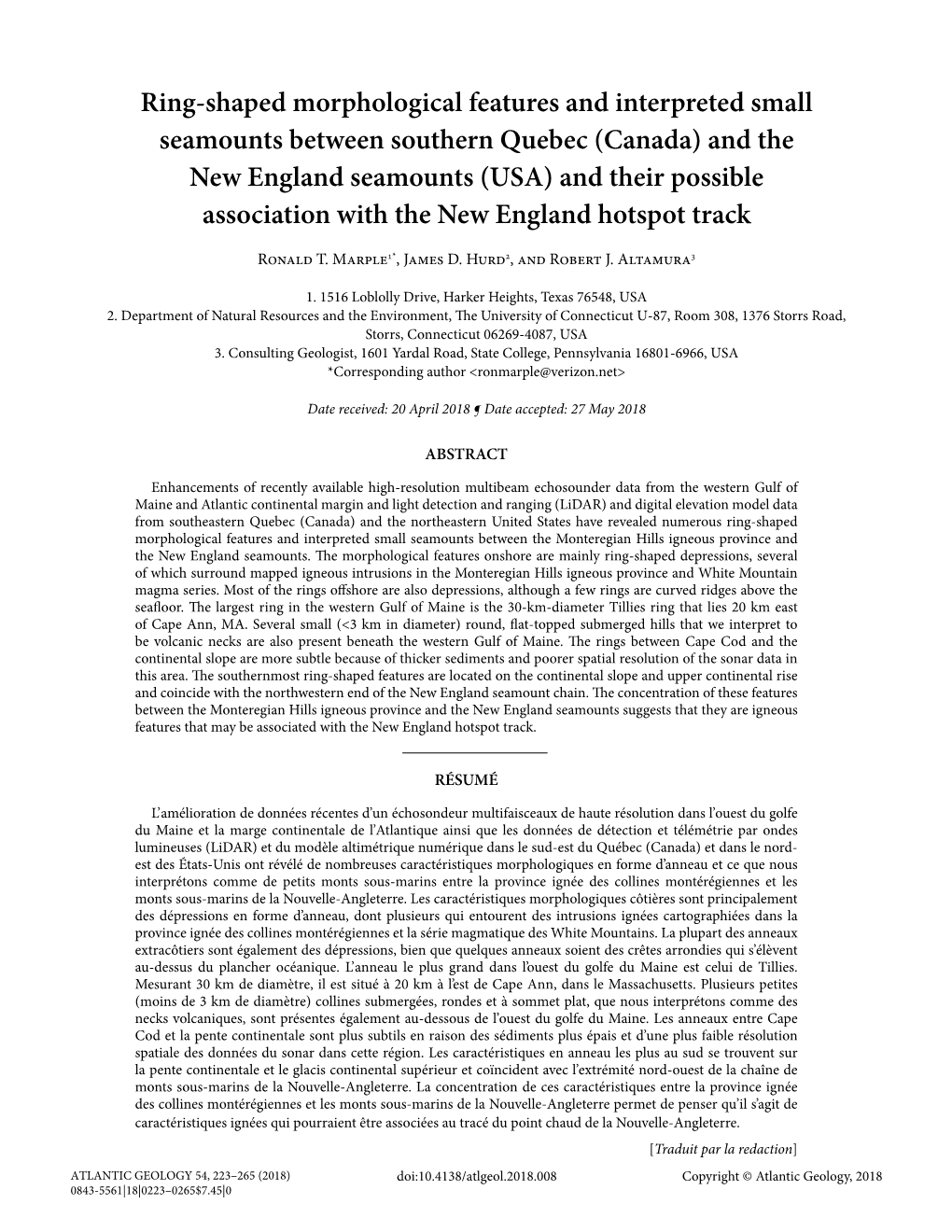 Ring-Shaped Morphological Features and Interpreted Small Seamounts Between Southern Quebec (Canada) and the New England Seamoun