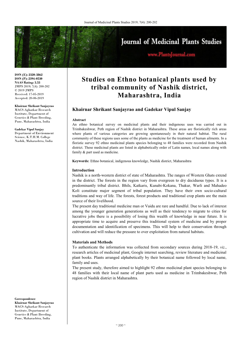 Studies on Ethno Botanical Plants Used by Tribal Community of Nashik