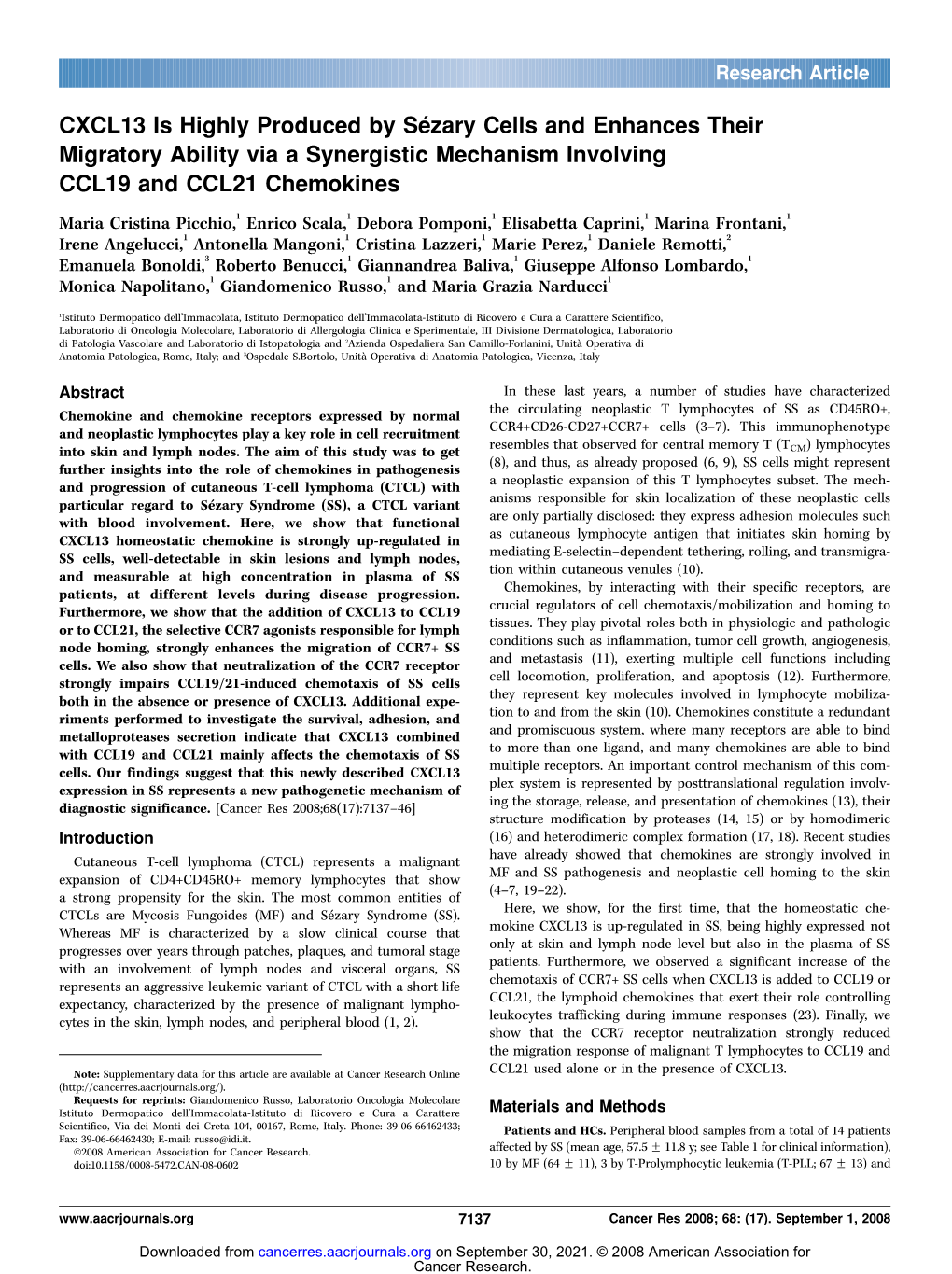 CXCL13 Is Highly Produced by Se´Zary Cells and Enhances Their Migratory Ability Via a Synergistic Mechanism Involving CCL19 and CCL21 Chemokines