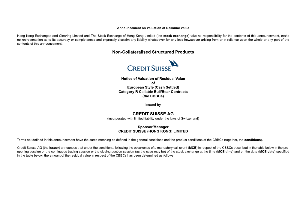 Non-Collateralised Structured Products CREDIT SUISSE AG