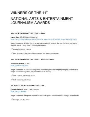 Winners of the 11 National Arts & Entertainment Journalism Awards