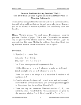 Putnam Problem-Solving Seminar Week 2 the Euclidean Division