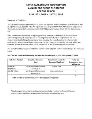 Lotus Sacramento Corporation Annual Eeo Public File Report for the Period August 1, 2018 July 31, 2019