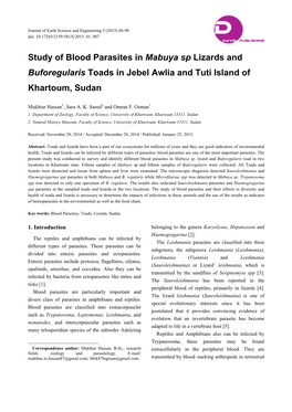 Study of Blood Parasites in Mabuya Sp Lizards and Buforegularis Toads in Jebel Awlia and Tuti Island of Khartoum, Sudan