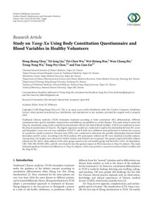 Study on Yang-Xu Using Body Constitution Questionnaire and Blood Variables in Healthy Volunteers