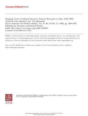 Changing Terms of Political Discourse: Women's Movement in India, 1970S-1990S Author(S): Indu Agnihotri and Vina Mazumdar Source: Economic and Political Weekly, Vol