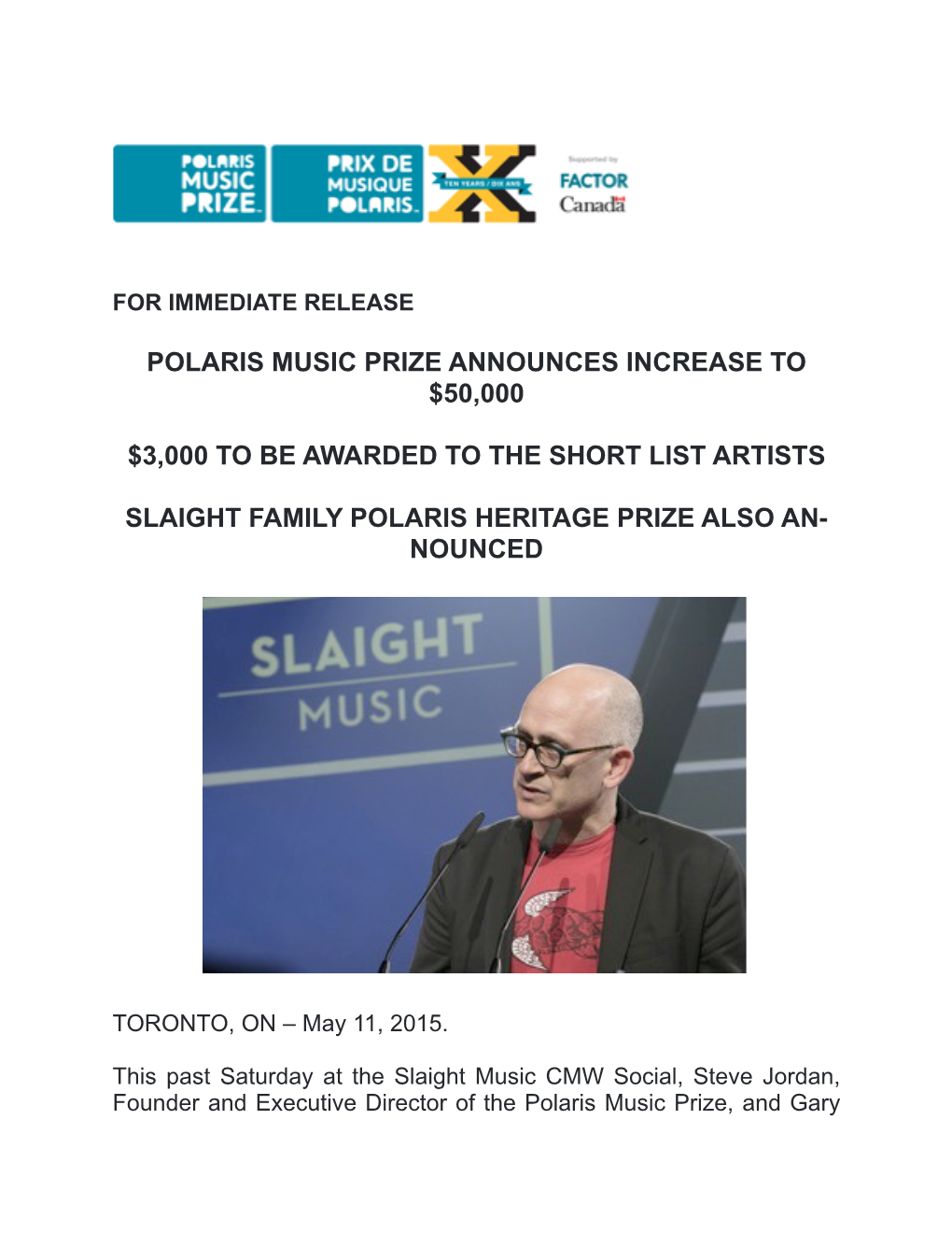 Fw POLARIS MUSIC PRIZE ANNOUNCES INCREASE TO