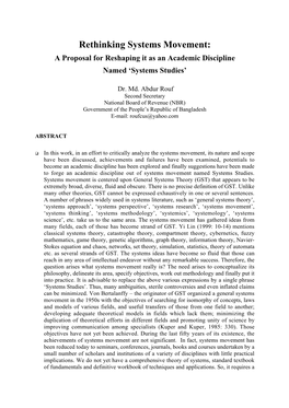 Rethinking Systems Movement: a Proposal for Reshaping It As an Academic Discipline Named ‘Systems Studies’