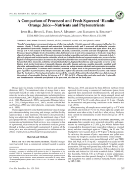 'Hamlin' Orange Juice—Nutrients and Phytonutrients