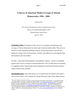 A Survey of American Media Coverage of African Democracies: 1994 – 2004